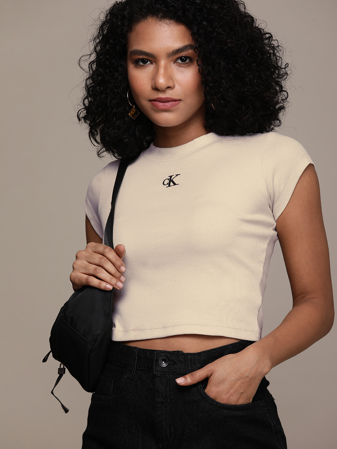 

Calvin Klein Jeans Women Beige Brand Logo Printed Slim Fit Crop T-shirt