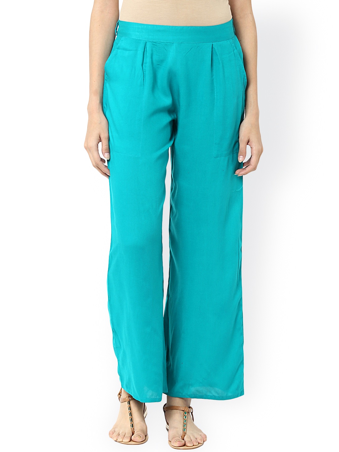 

Jaipur Kurti Women Turquoise Blue Solid Wide Leg Fit Palazzos