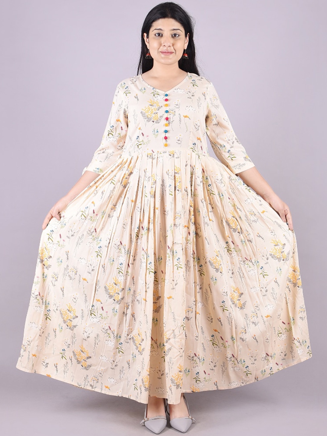 

KALINI Women Beige Quirky Flared Sleeves Floral Anarkali Kurta