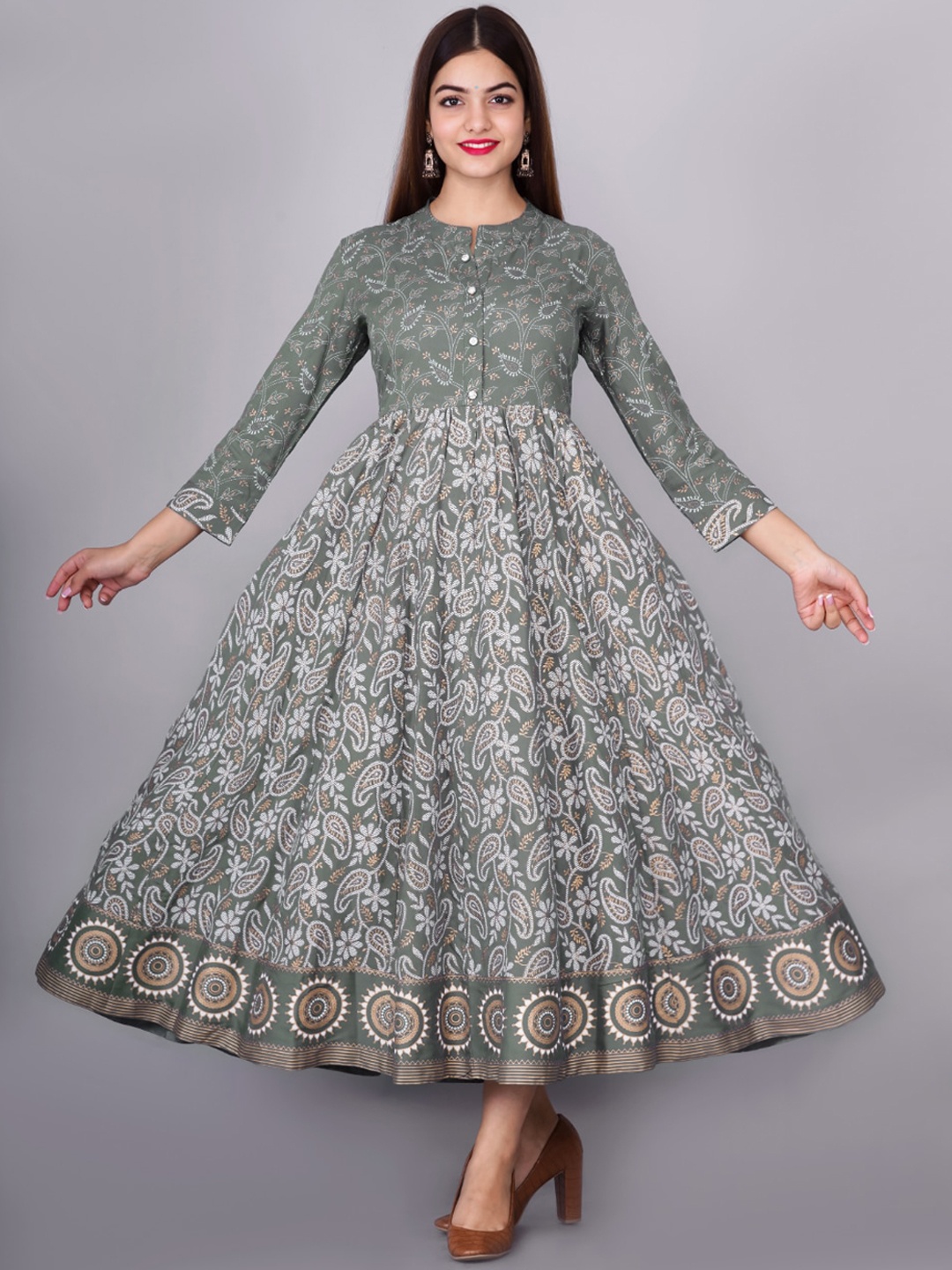 KALINI Women Grey Ethnic Motifs Printed Floral Anarkali Kurta