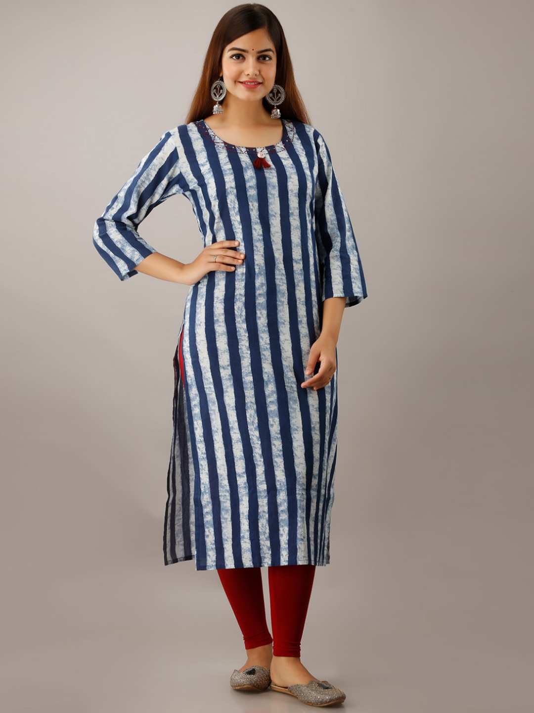 

KALINI Women Blue Striped Floral Kurta