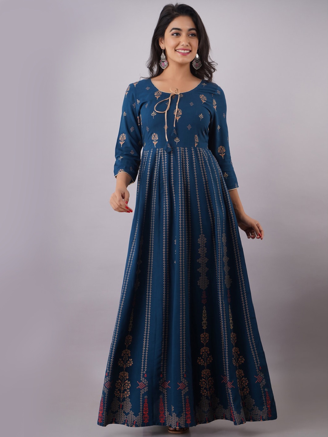 

KALINI Woman Navy Blue Ethnic Motifs Printed Keyhole Neck Floral Anarkali Kurta