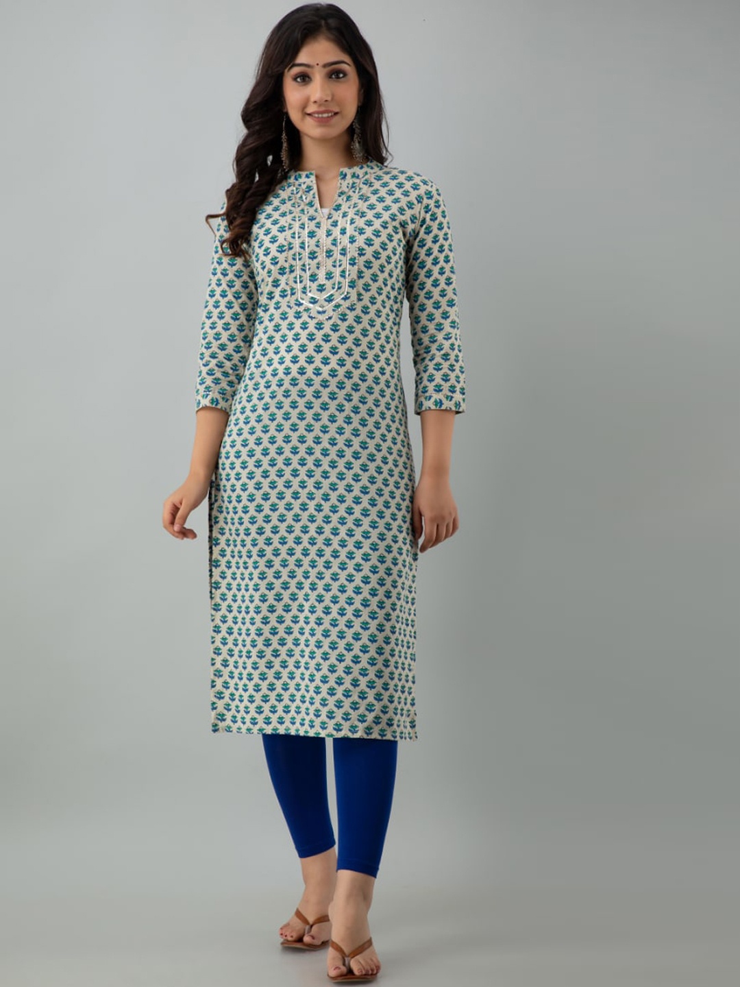 

KALINI Women Beige & Blue Floral Printed Gotta Patti Floral Kurta
