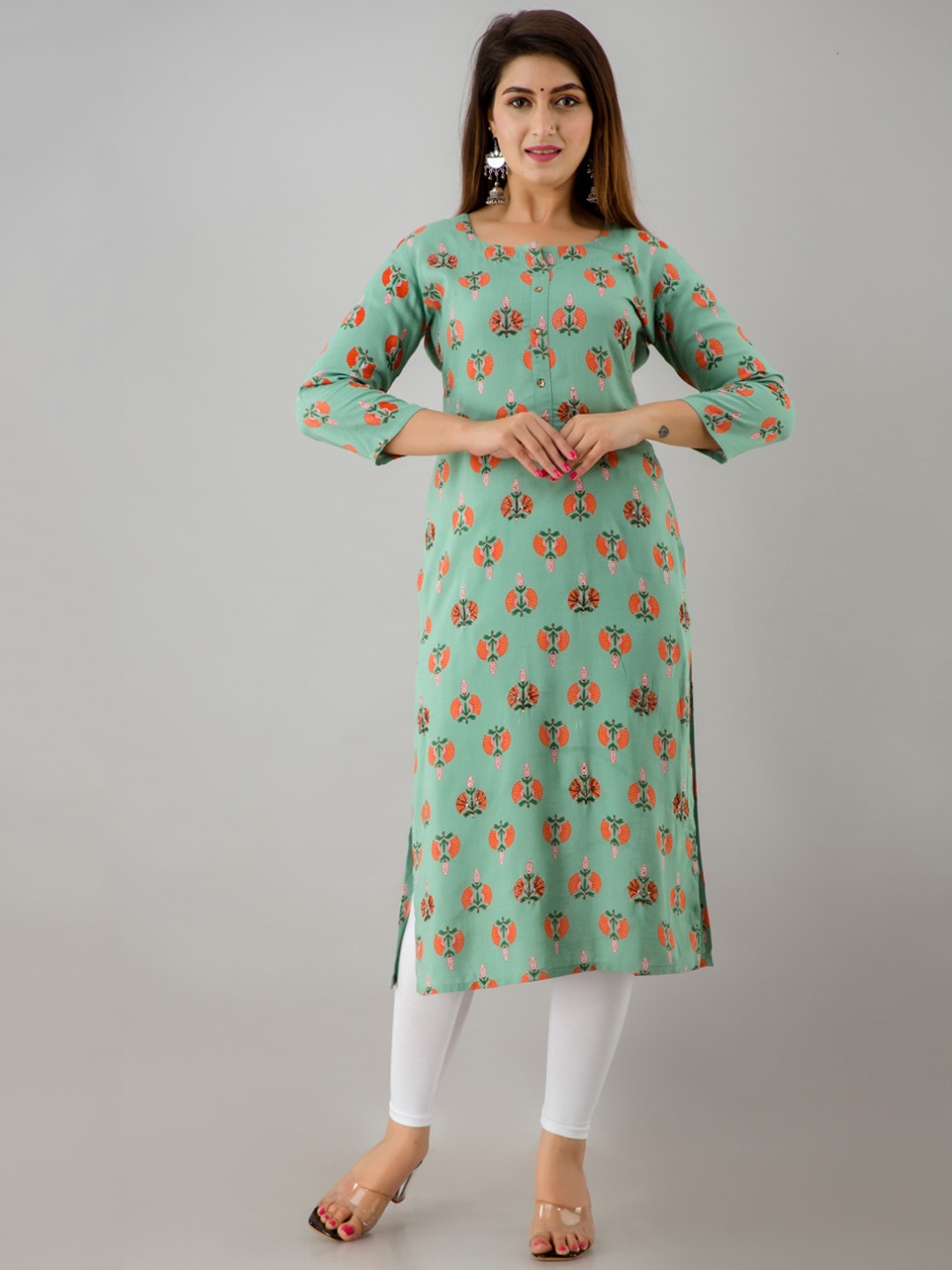

KALINI Women Green & Orange Ethnic Motifs Printed Kurta