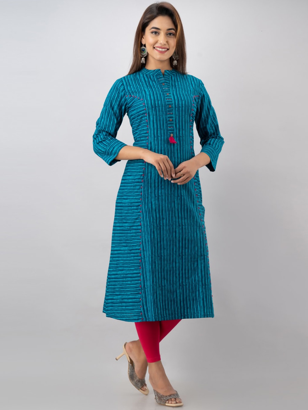 

KALINI Women Turquoise Blue & Pink Striped Cotton A-line Kurta