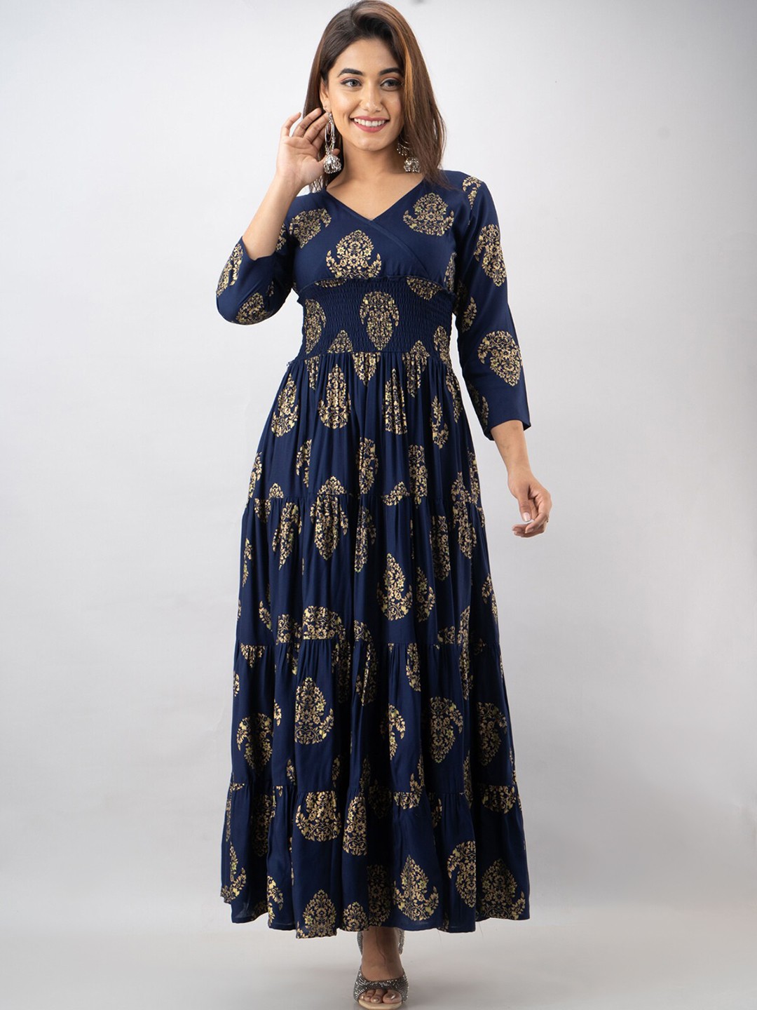 

KALINI Women Navy Blue Ethnic Motifs Printed Gotta Patti Floral Anarkali Kurta