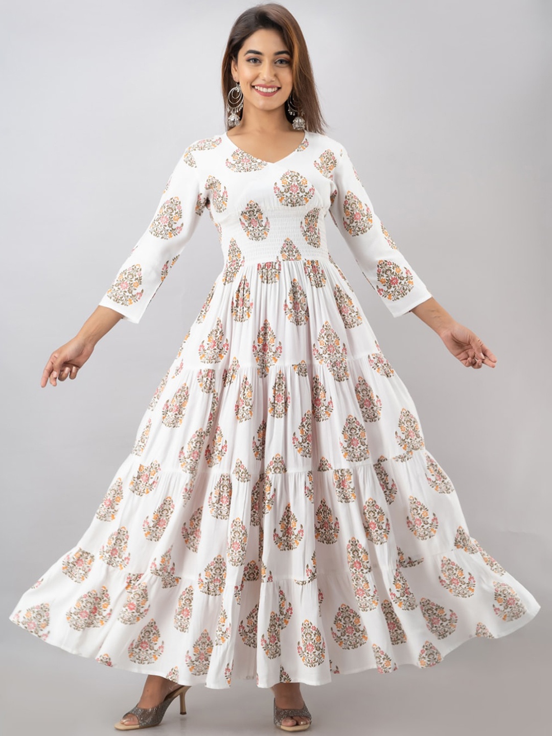 

KALINI Women White Ethnic Motifs Printed Tiered Anarkali Kurta
