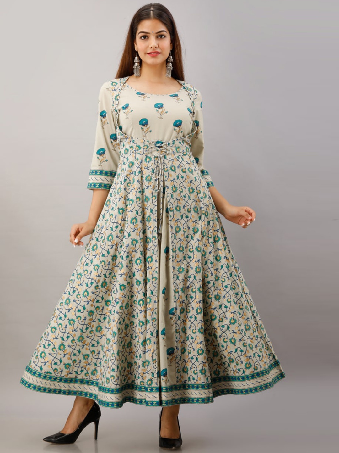 

KALINI Women Beige Floral Printed Floral Cotton Anarkali Kurta