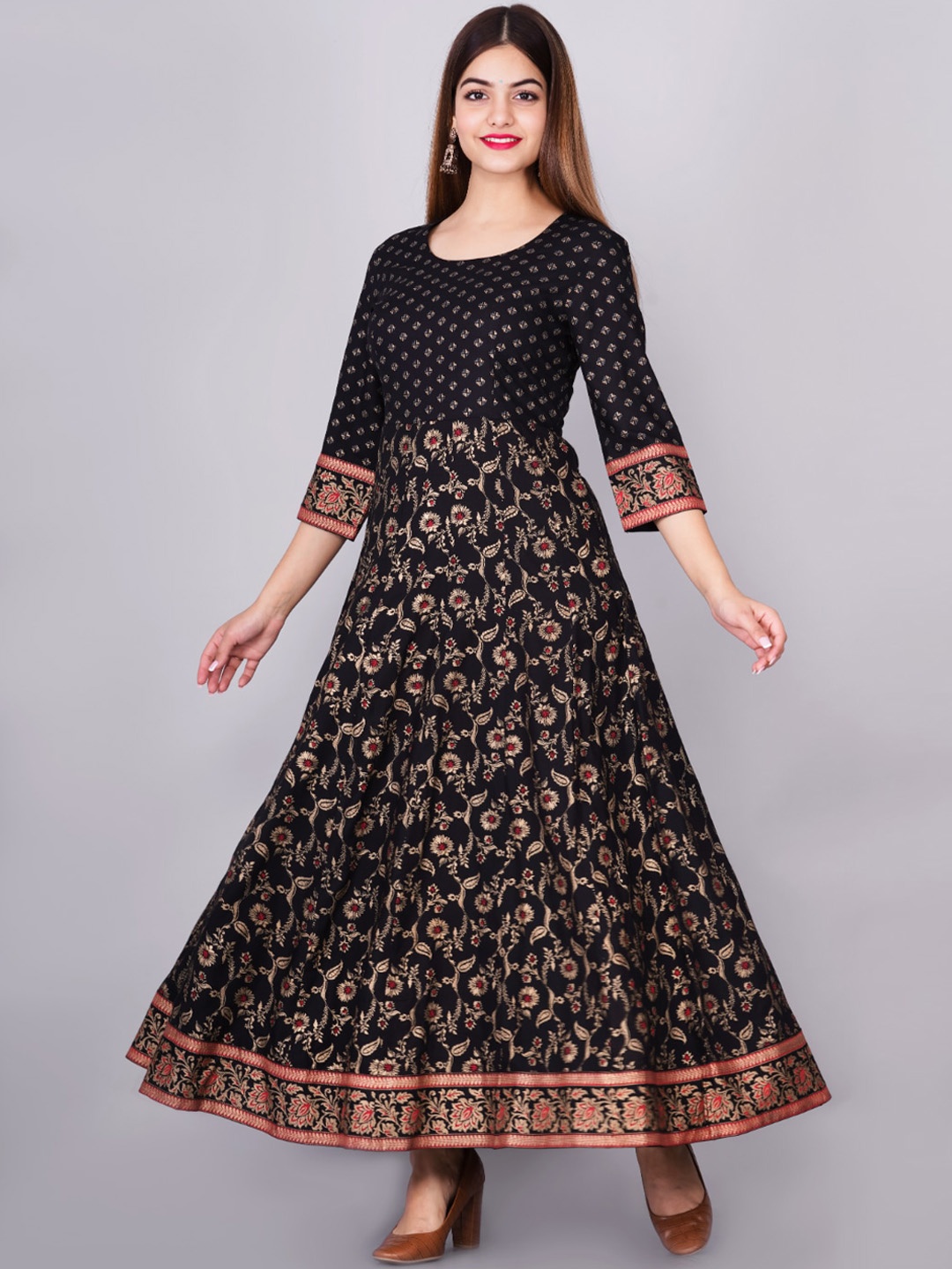 

KALINI Women Black & Red Ethnic Motifs Printed Round Neck Cotton Anarkali Kurta