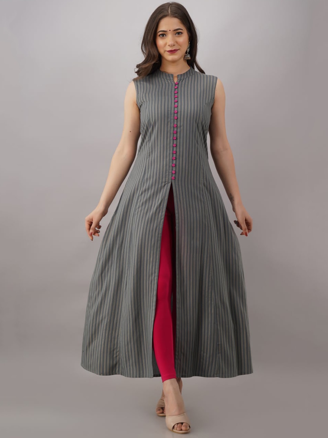 

KALINI Women Grey & Gold-Toned Striped Anarkali Kurta