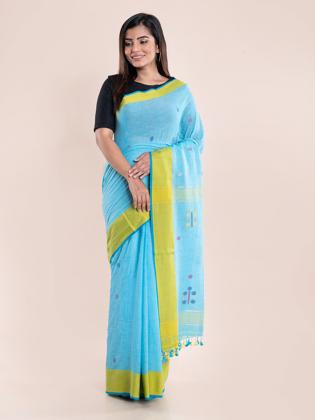 

ArtEastri Blue & Lime Green Woven Design Pure Cotton Jamdani Saree