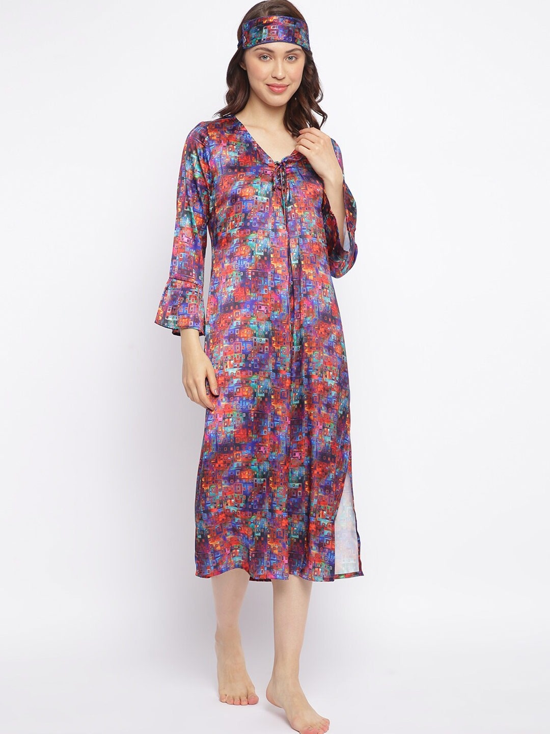 

DECOREALM Women Blue & Red Printed Satin Nightdress