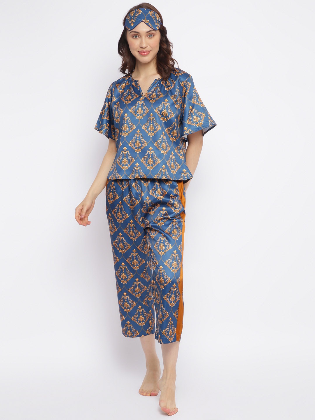 

DECOREALM Women Blue & Orange Printed Satin Night Suit