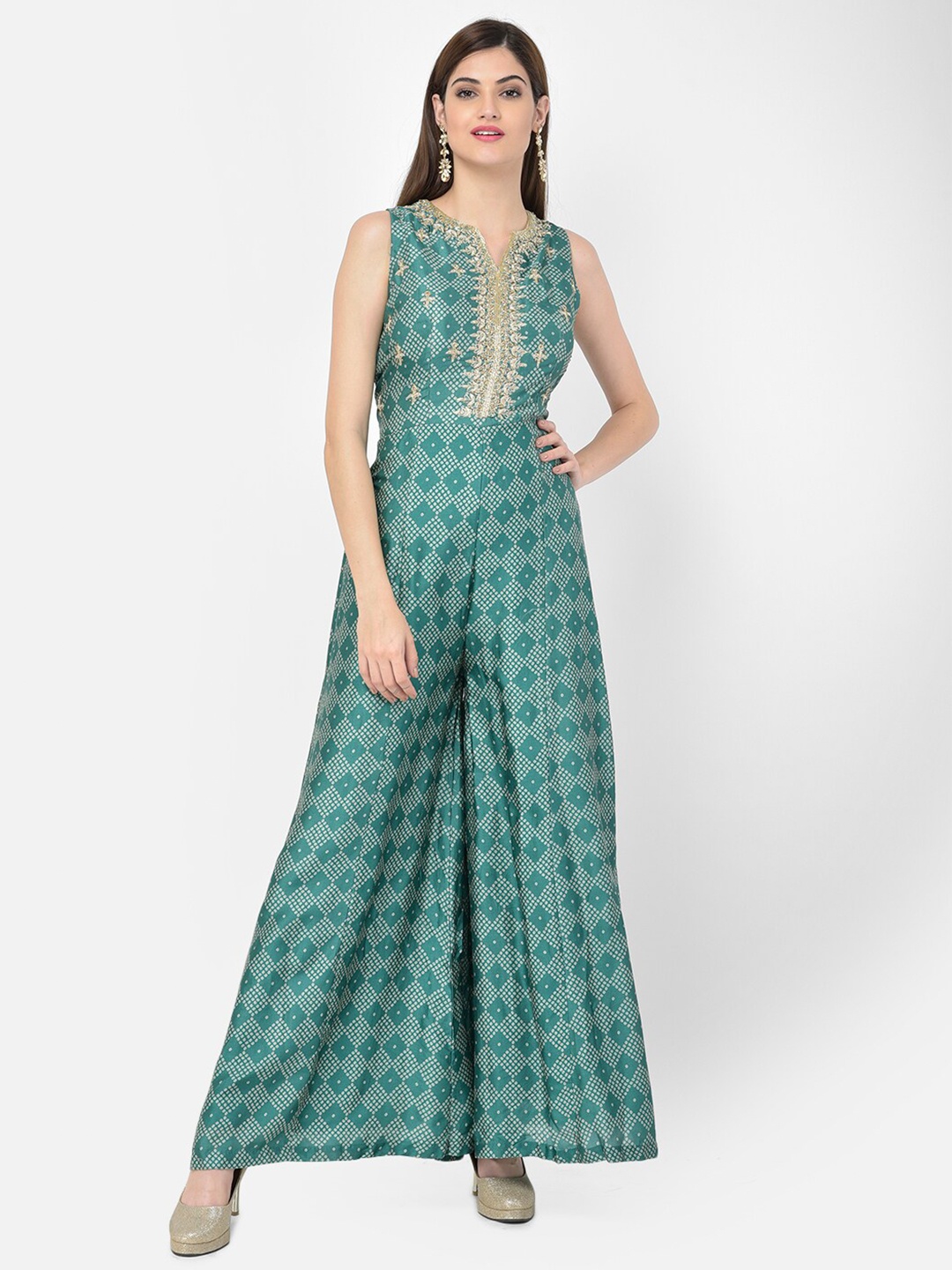 

Neerus Green Ethnic Motifs Crepe Maxi Dress