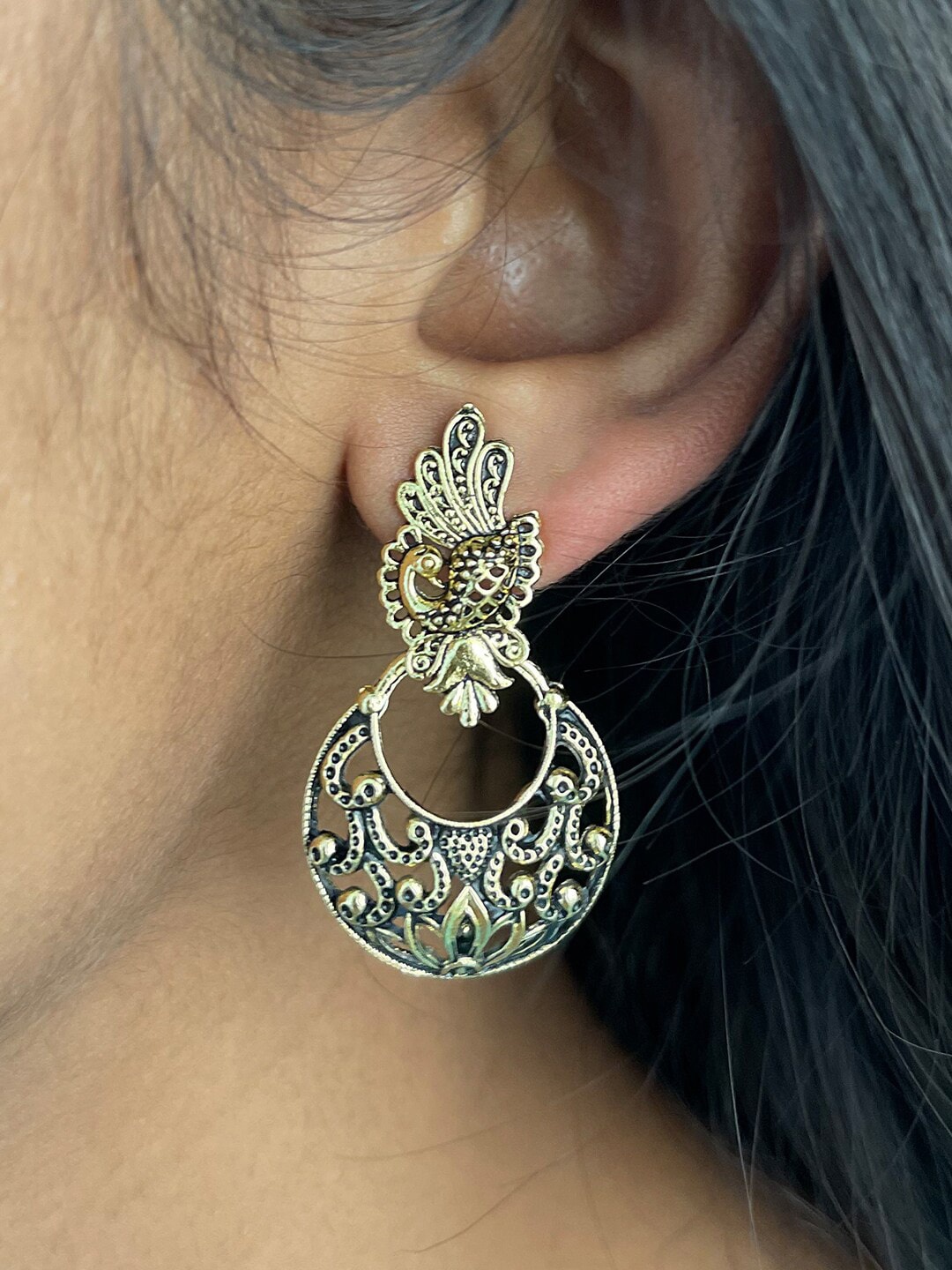 

Ayesha Gold-Toned Ethnic Oxidized Peacock Drop Earrings
