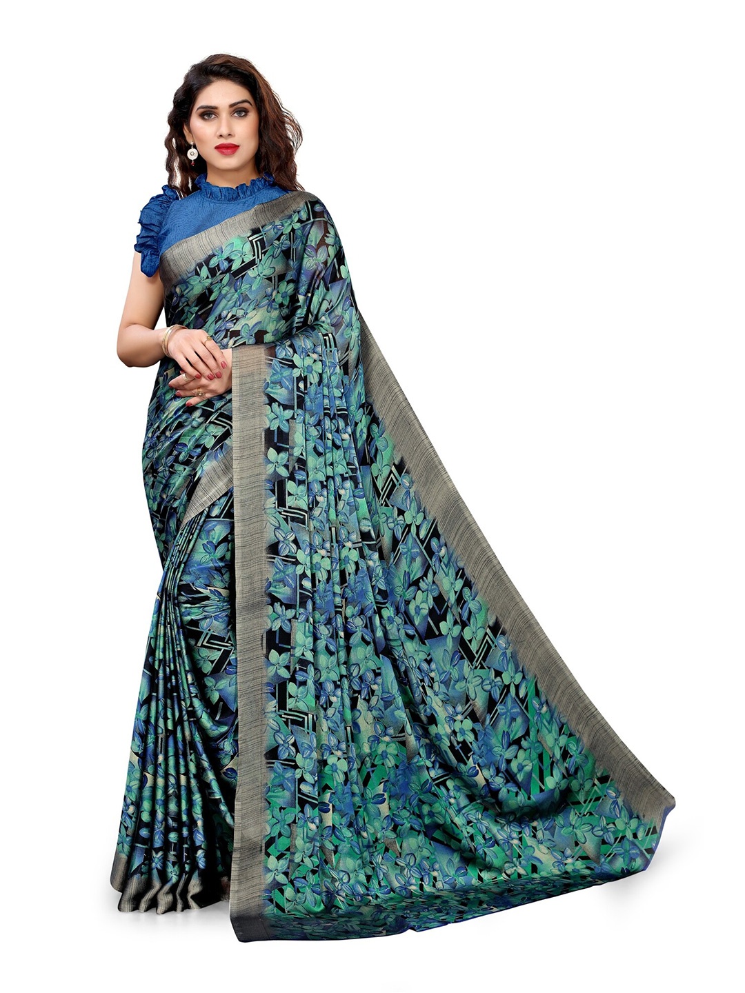 

KALINI Black & Blue Floral Bagh Saree