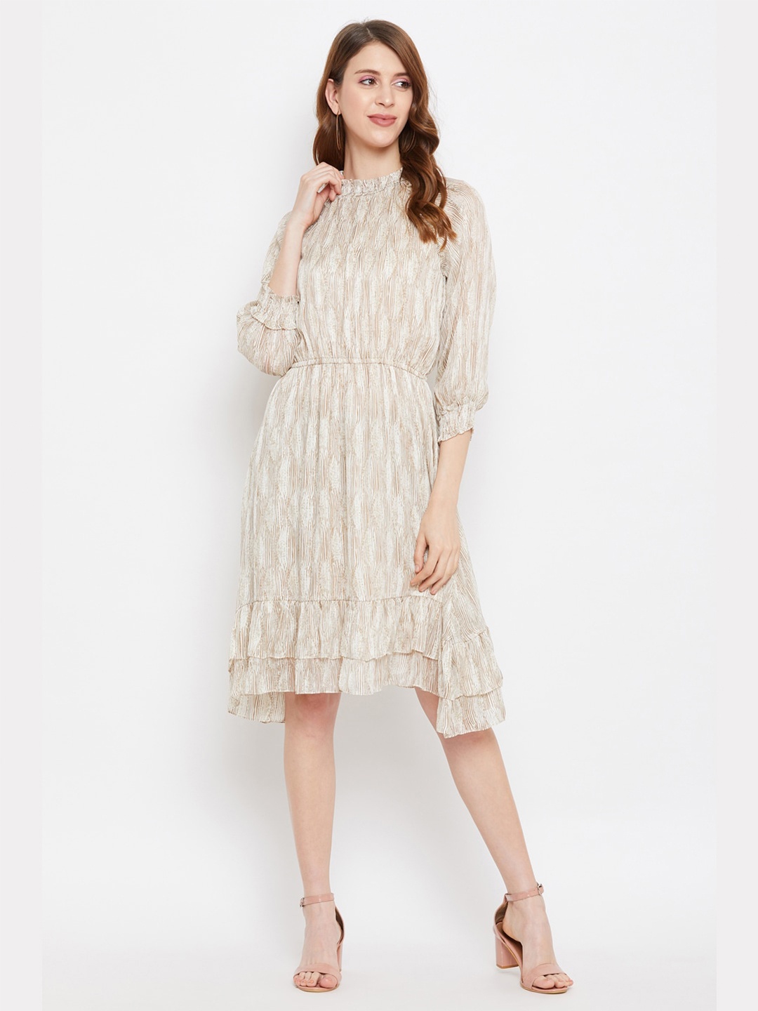 

Madame Beige & Brown Printed High Neck A-Line Dress