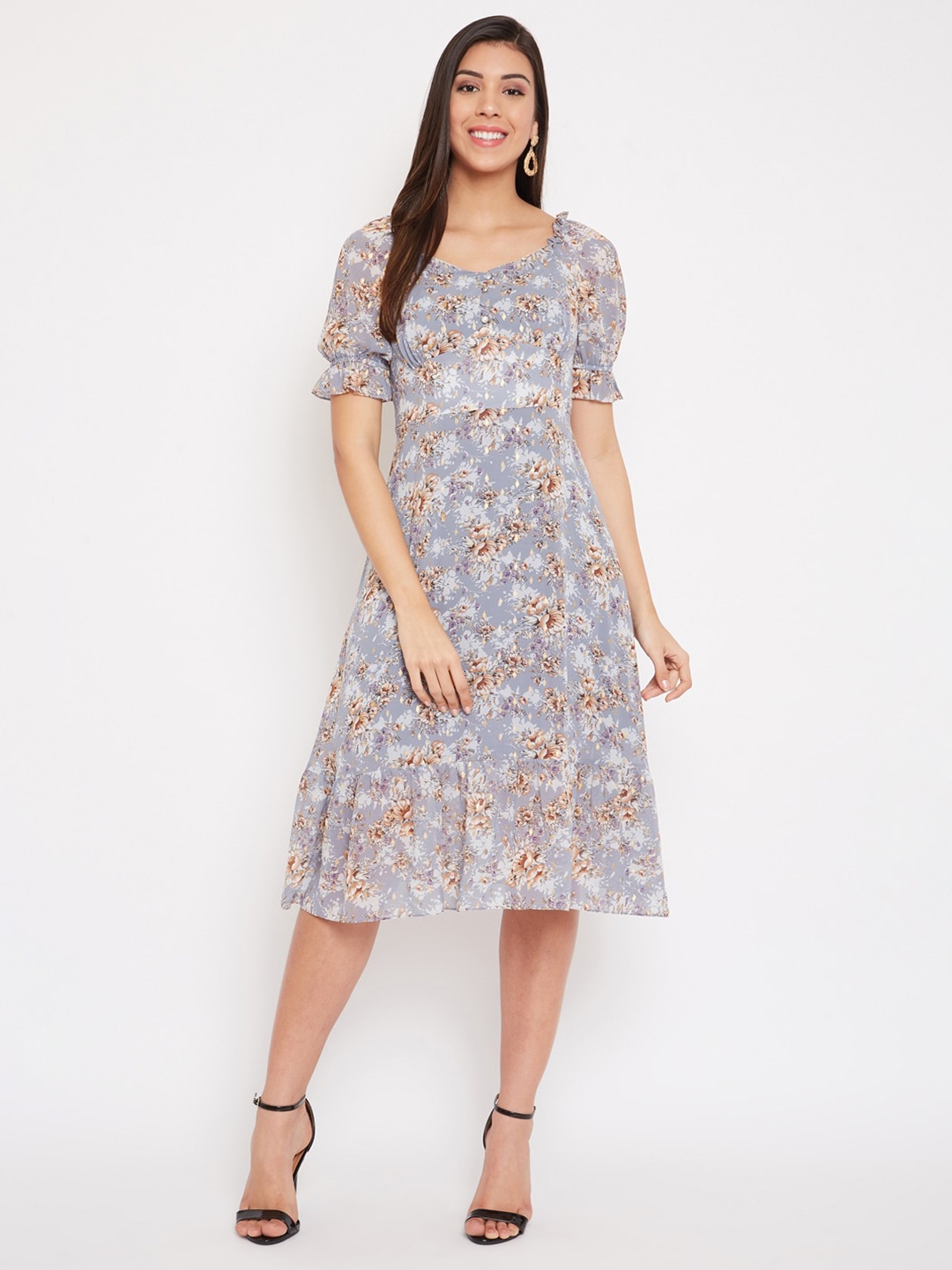 

Madame Blue & Brown Floral Sweetheart Neck Empire Midi Dress