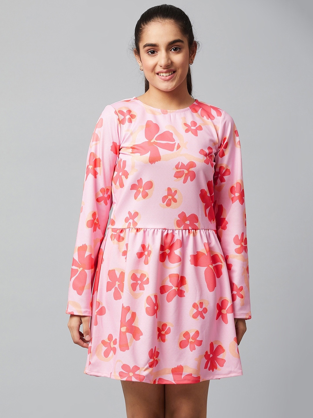 

Athena Girl Girls Pink & Yellow Floral Round Neck Fit & Flare Dress
