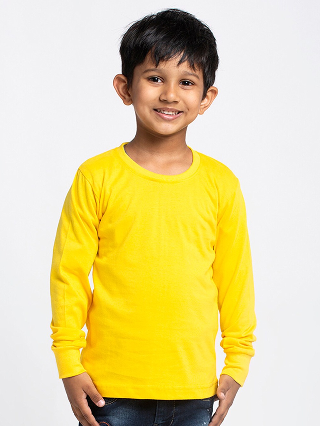 

Friskers Boys Yellow Solid Round Neck Cotton T-shirt