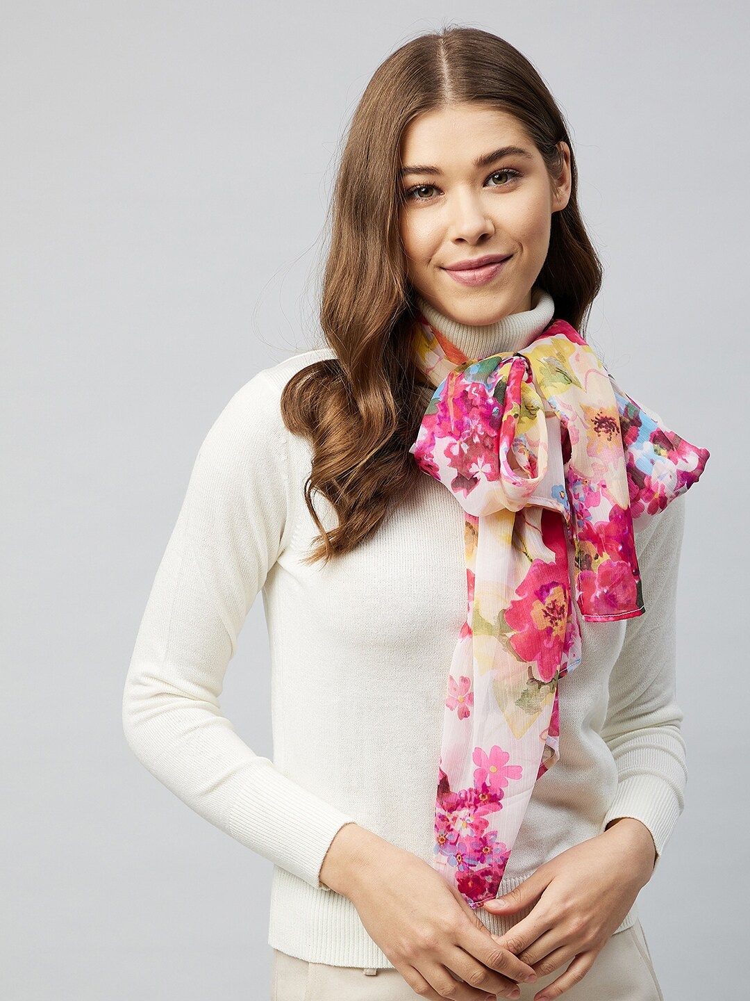 

Athena Women White & Fuchsia Floral Printed Scarf