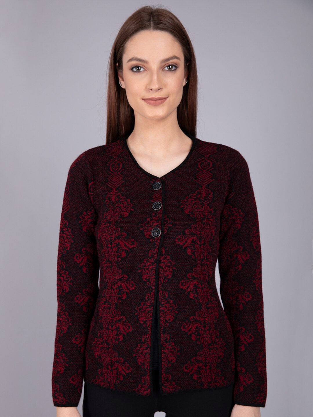 

Madame Women Maroon & Black Cardigan