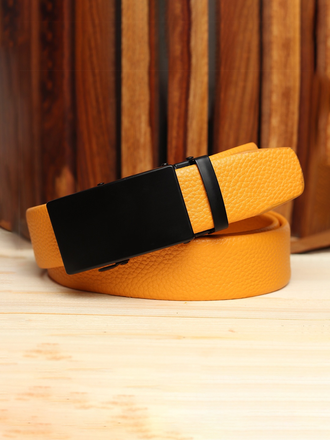 

Kastner Men Yellow Textured Autolock Buckle Belt