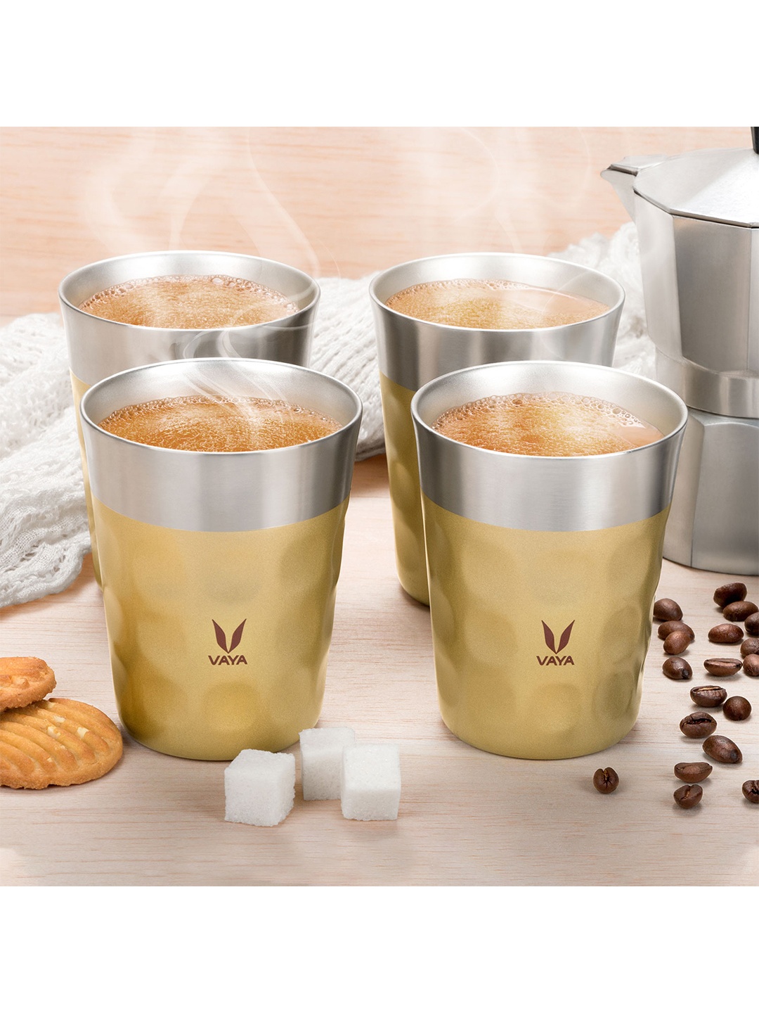 

Vaya Gold-Toned & Silver-Toned Textured Stainless Steel Matte Cups Set of Cups and Mugs