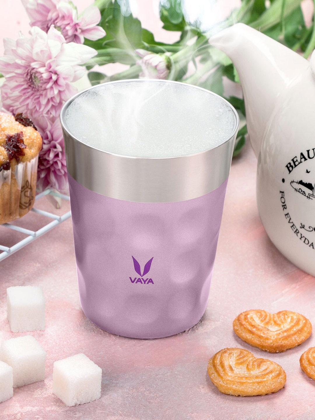 

Vaya Purple & Silver-Toned Textured Stainless Steel Matte Cups Set of Cups and Mugs