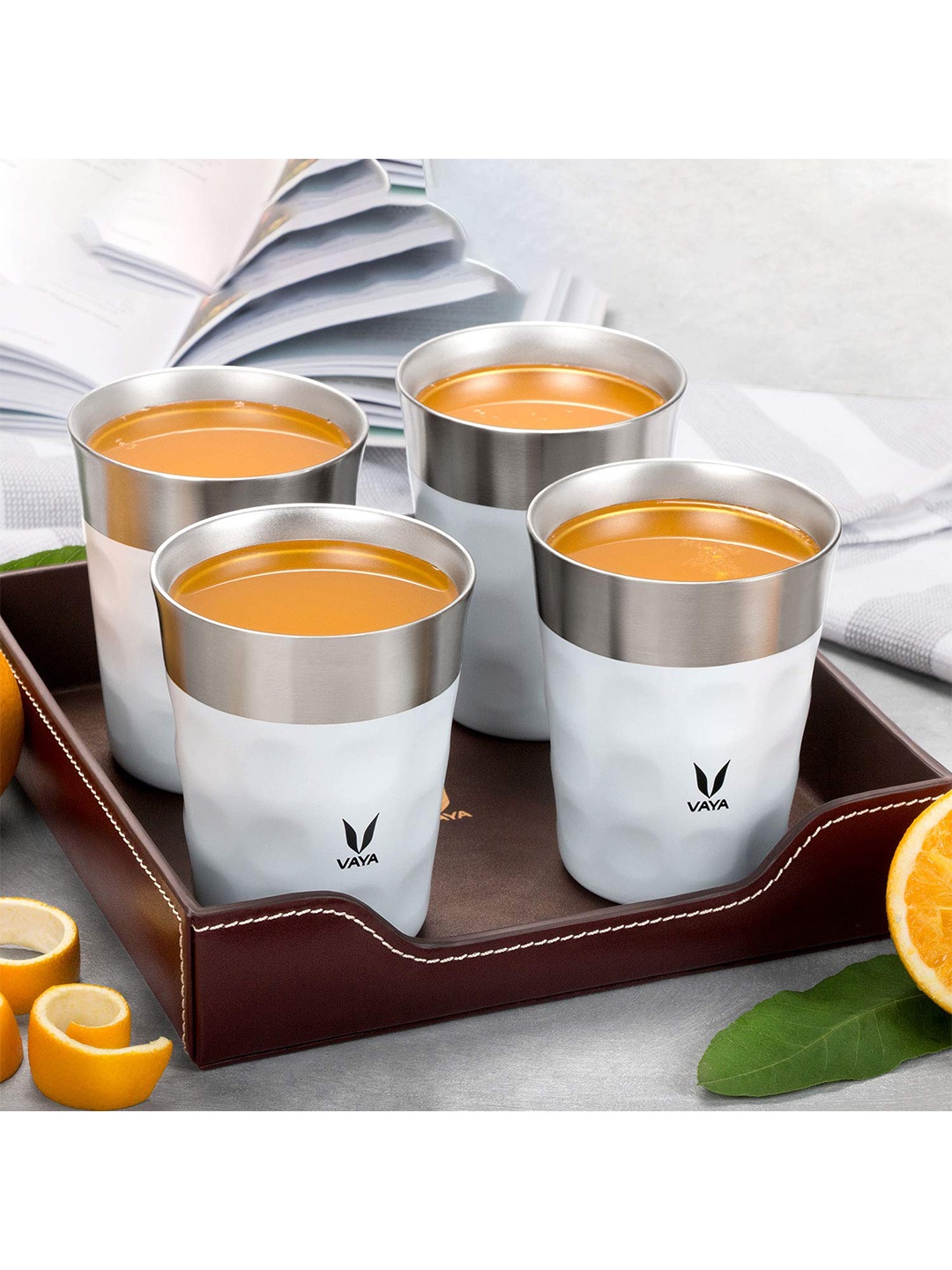 

Vaya White & Silver-Toned Textured Stainless Steel Matte Mugs Set of Cups and Mugs
