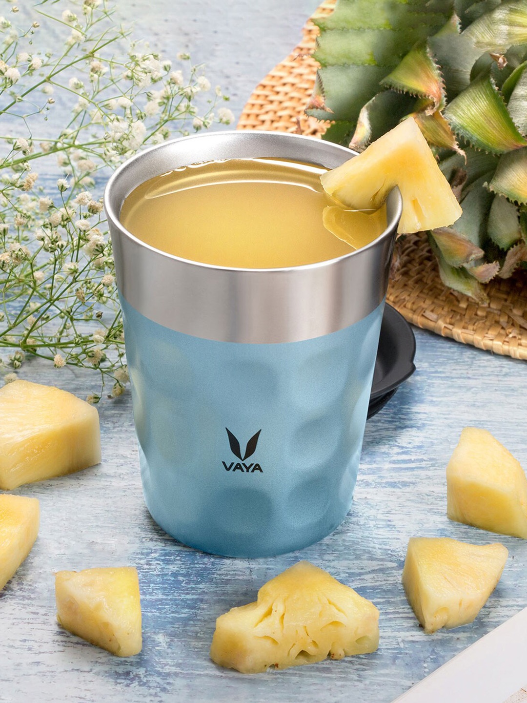 Vaya Blue & Silver-Toned Textured Stainless Steel Matte Mugs Set of Cups and Mugs