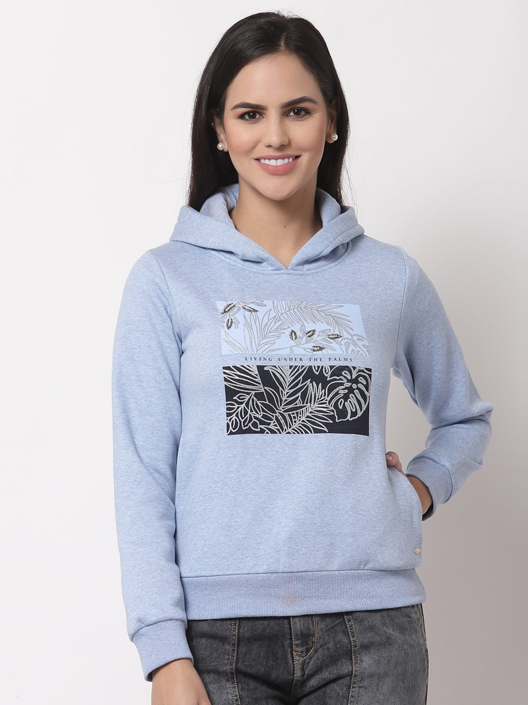 

Juelle Women Blue Printed Fleece Hooded Sweatshirt
