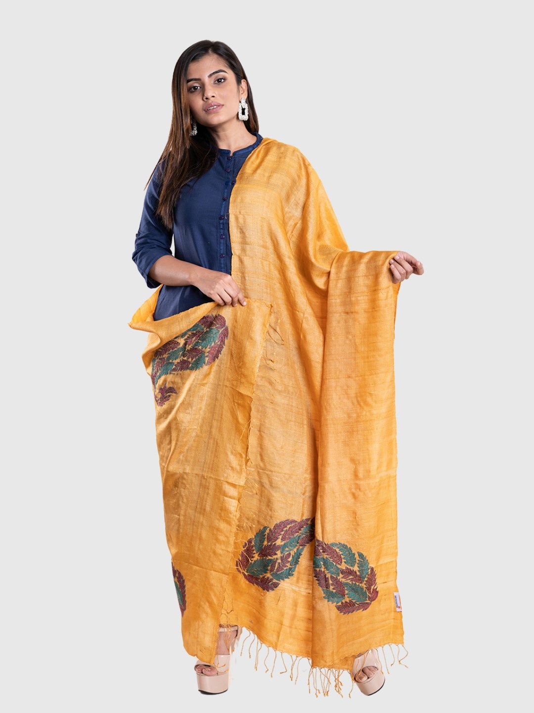 

ArtEastri Yellow & Teal Paisley Embroidered Pure Silk Dupatta with Kantha Work