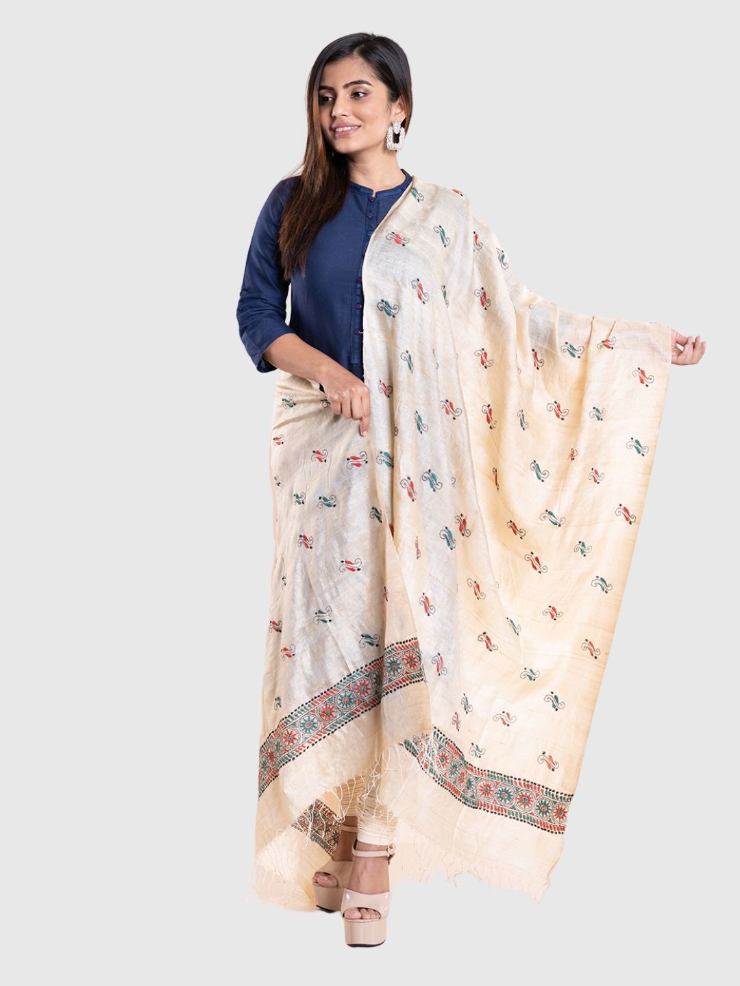 

ArtEastri Off White & Green Ethnic Motifs Embroidered Pure Silk Dupatta with Kantha Work