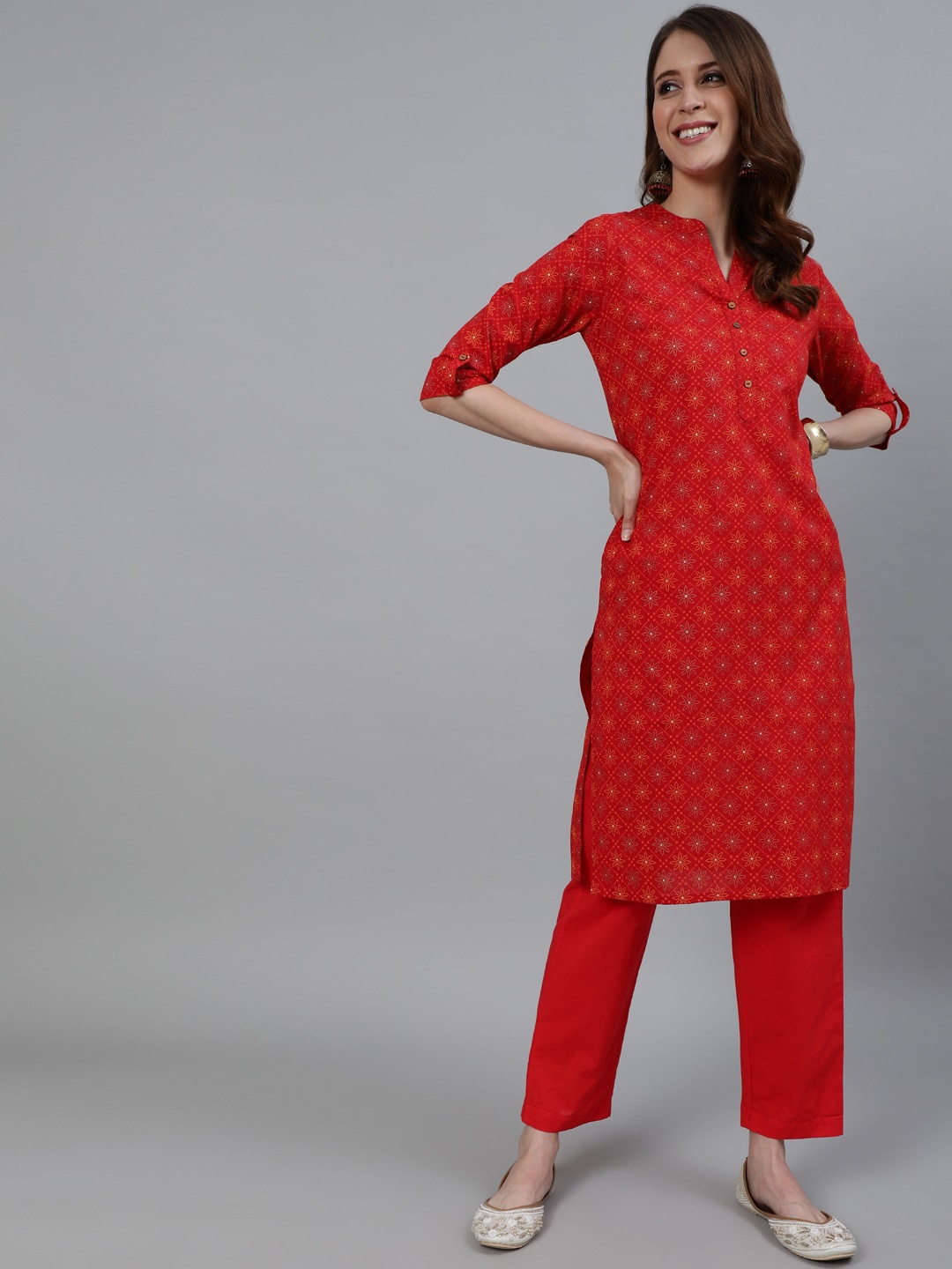 

Ishin Women Red Ethnic Motifs Printed Pure Cotton Kurta with Trousers