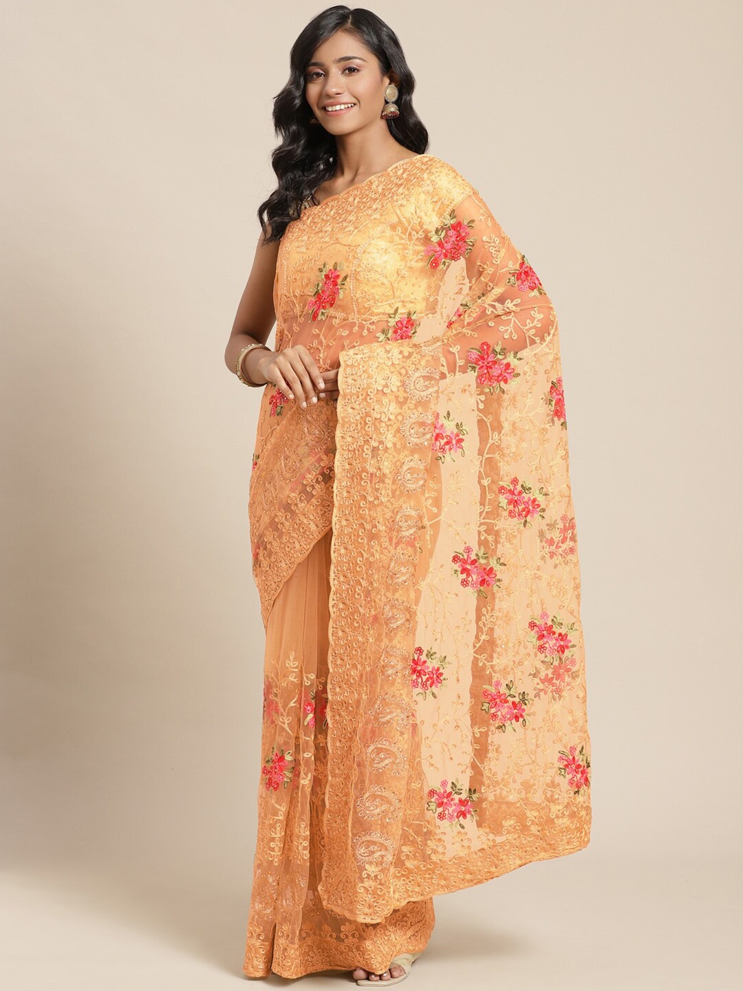 

Chhabra 555 Peach-Coloured & Red Floral Embroidered Net Saree