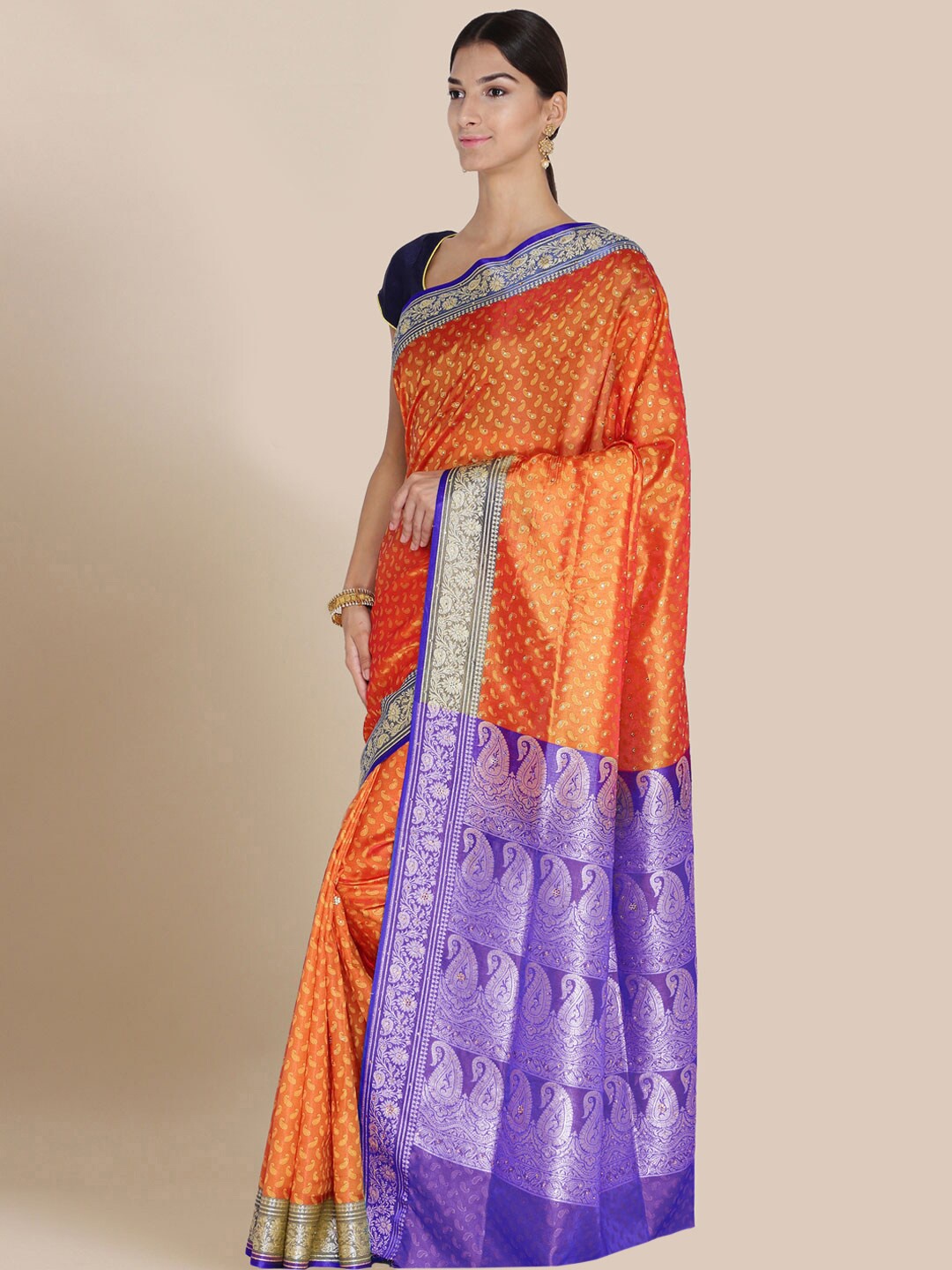 

Chhabra 555 Orange & Blue Ethnic Motifs Zardozi Art Silk Banarasi Saree