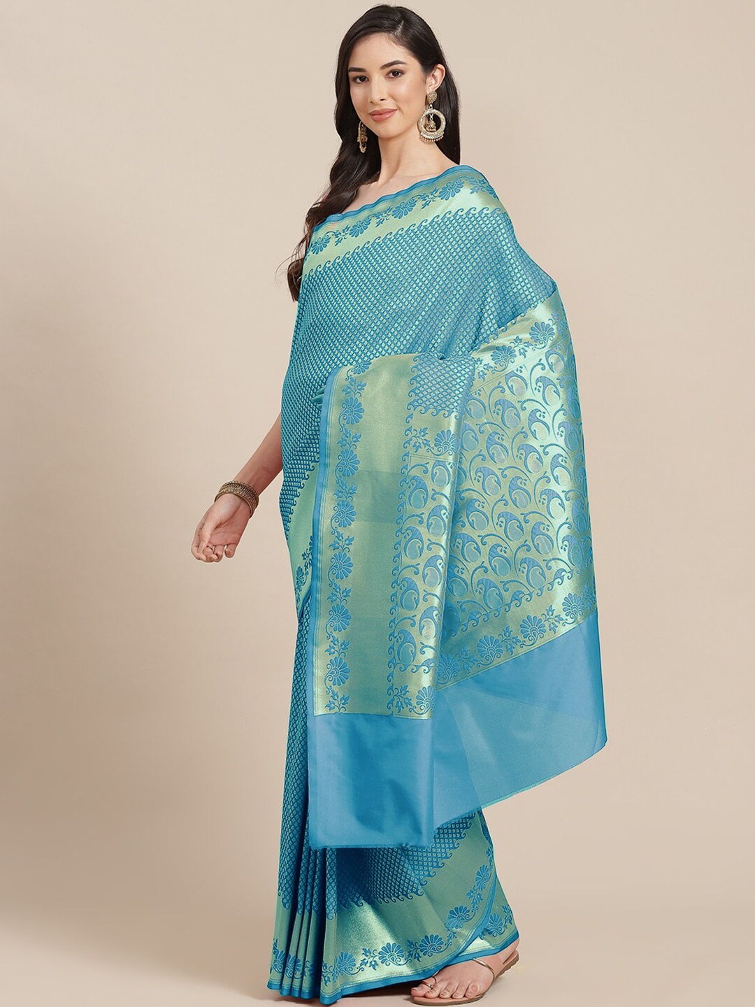 

Chhabra 555 Turquoise Blue & Green Ethnic Motifs Zari Silk Blend Banarasi Saree