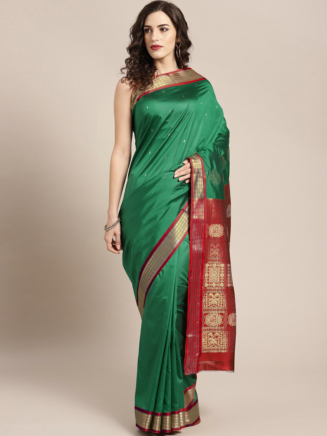 

Chhabra 555 Green & Red Woven Design Silk Blend Narayan Peth Saree