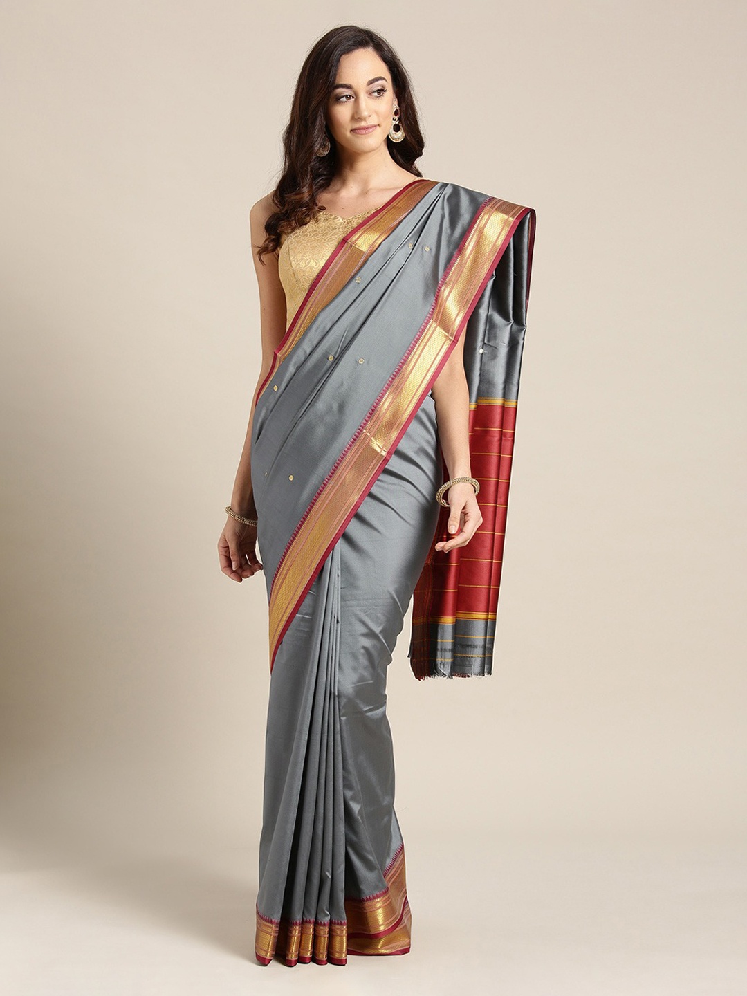 

Chhabra 555 Grey & Brown Ethnic Motifs Zari Silk Blend Narayan Peth Saree