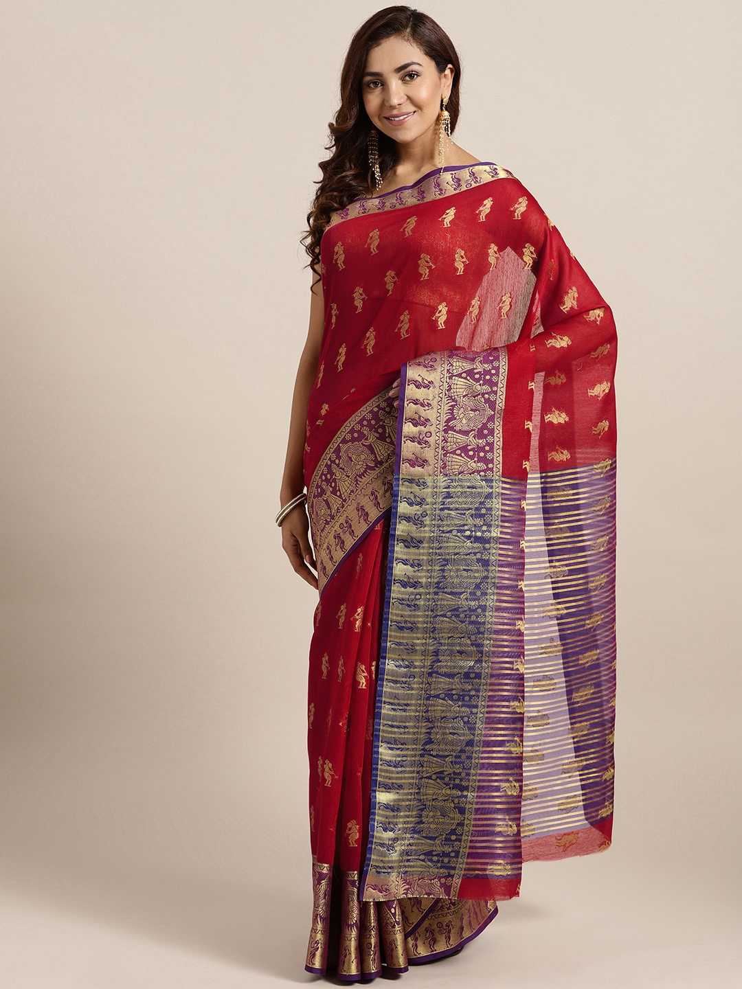 

Chhabra 555 Red & Gold-Toned Ethnic Motifs Zari Art Silk Kota Saree