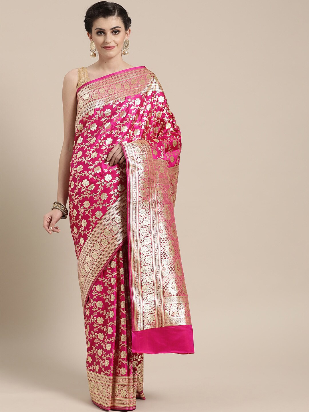 

Chhabra 555 Pink & Gold-Toned Ethnic Motifs Zari Silk Blend Kanjeevaram Saree