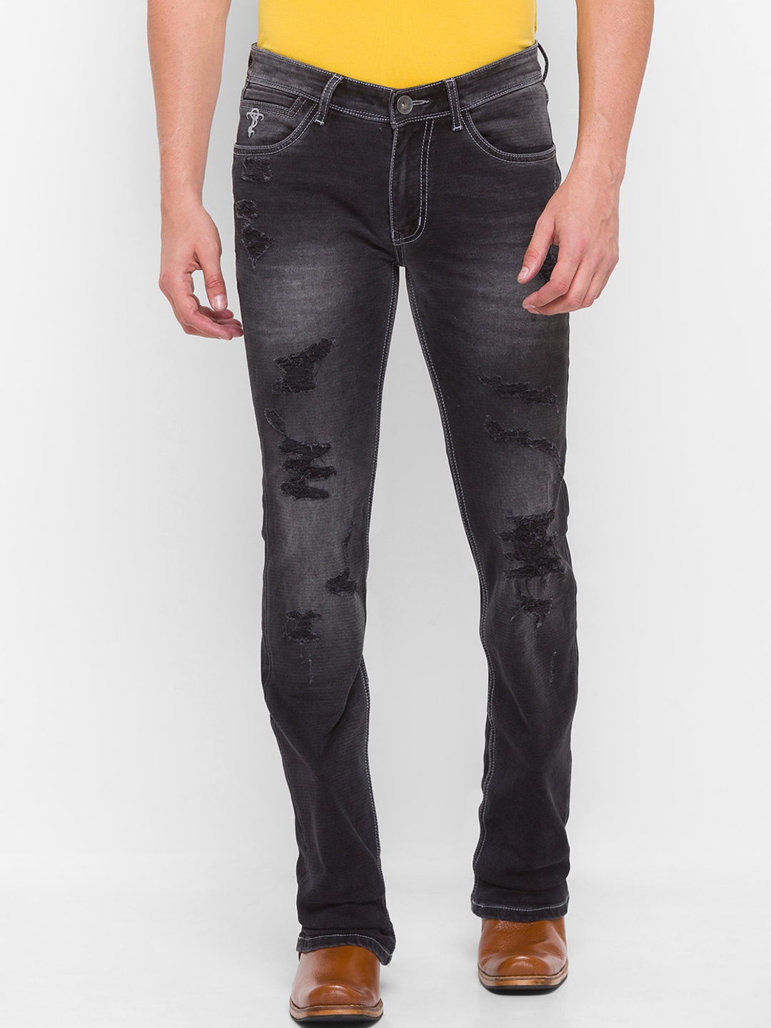 

mode de base Men Black Texas Bootcut Highly Distressed Heavy Fade Stretchable Jeans