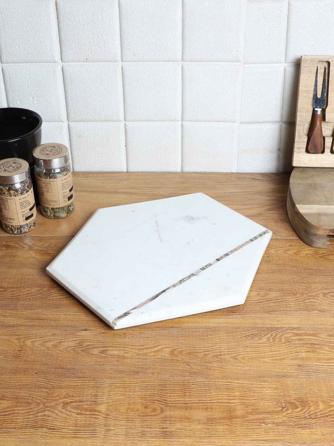 

NikkisPride White Marble Mop Hexageon Platter Cheese Board