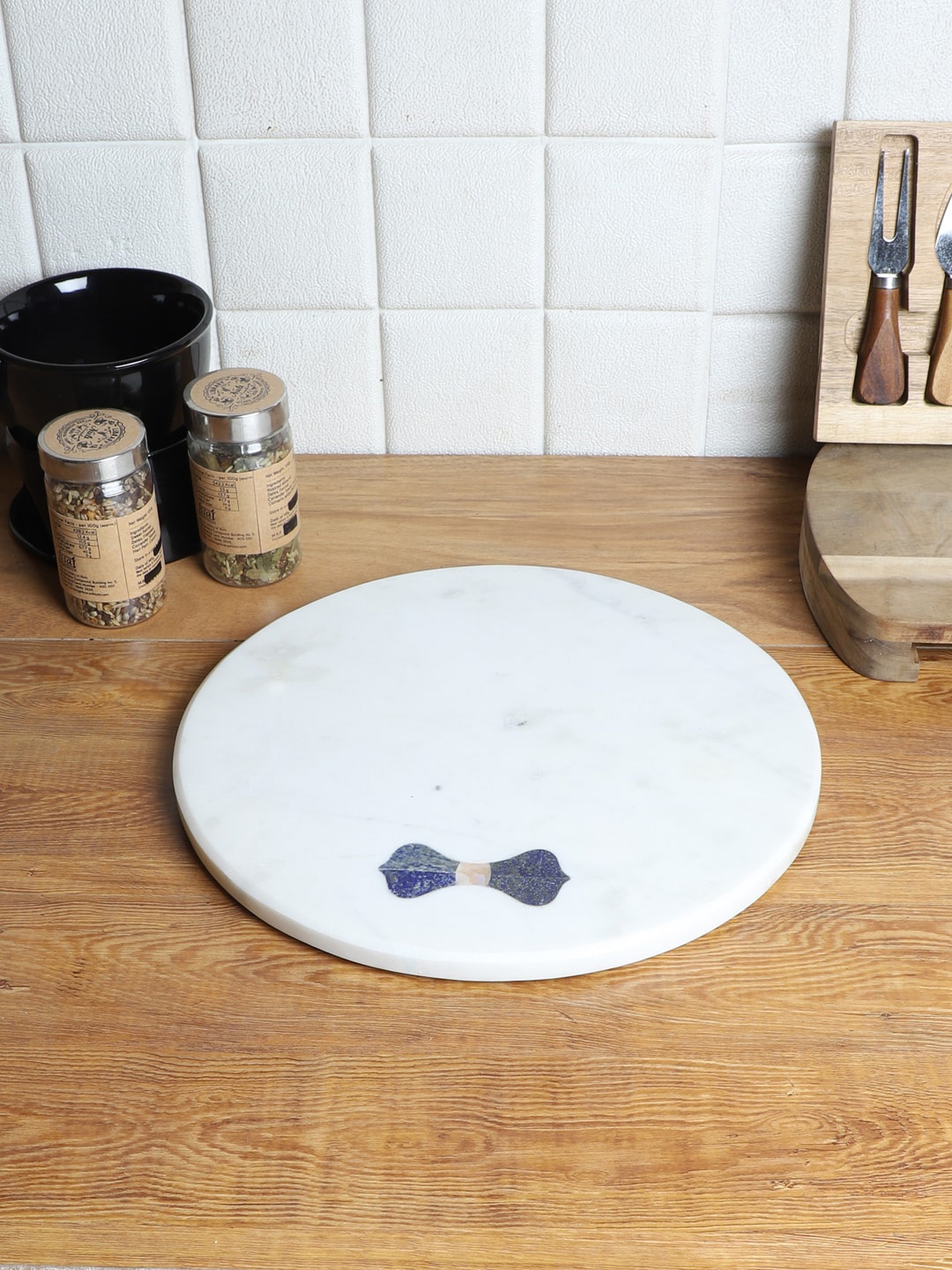 

NikkisPride White & Navy Blue Textured Marble Round Platter