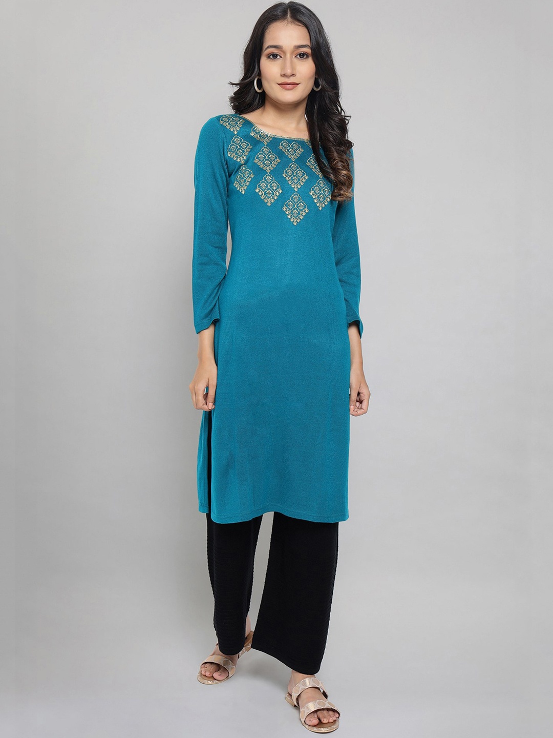 

AURELIA Women Teal & Yellow Embroidered Straight Kurta