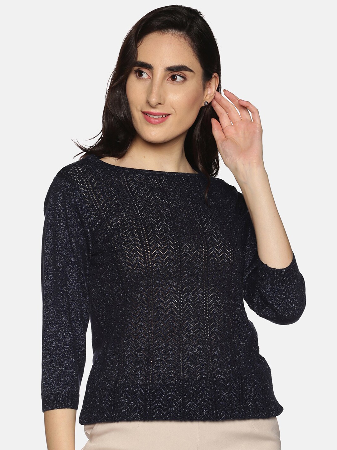 

DAiSY Women Navy Blue Open Knit Pullover