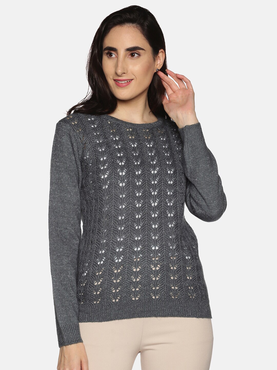 

DAiSY Women Grey Self Design Open Knit Sweater