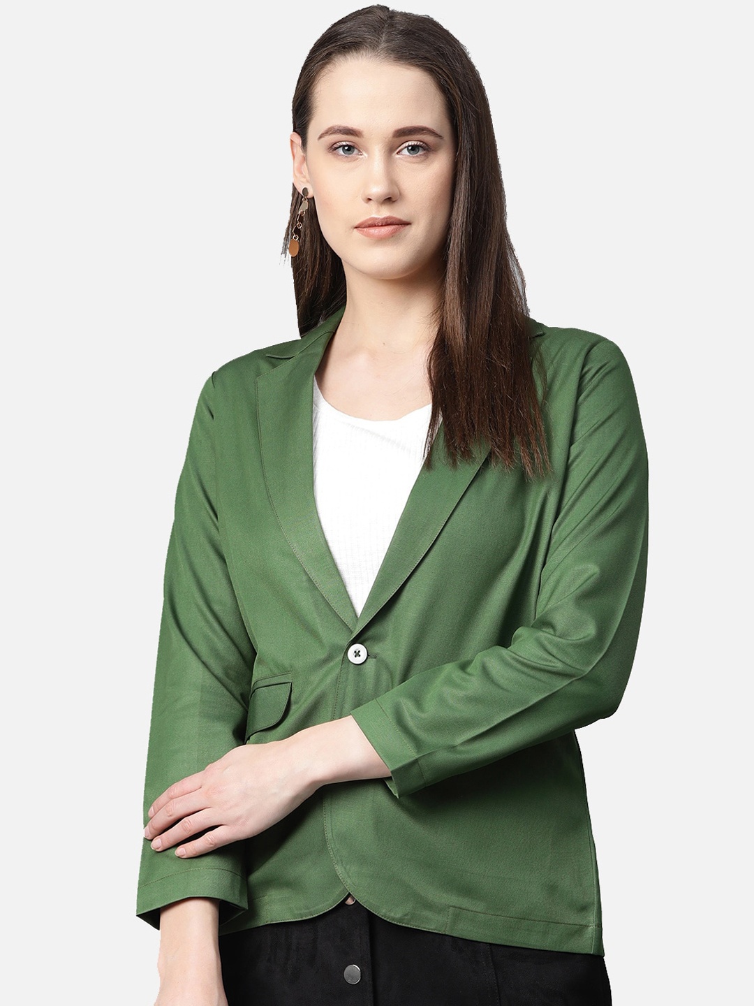 

Jompers Women Green Solid Single-Breasted Casual Blazer