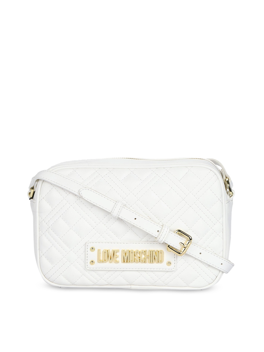 

LOVE MOSCHINO White Textured PU Structured Sling Bag with Quilted